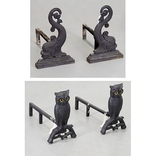 (2) pairs vintage andirons, owls and dolphins