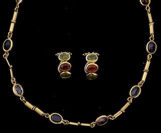 Multi gem necklace and earrings, set with citrine, peridot, amethyst, tourmaline, garnets and topaz. Mounted in 18ct yellow g