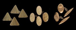 Three pairs of 9 ct gold cufflinks, with engraved or engine turned decoration