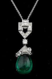 Emerald and diamond pendant, diamond set top with princess, baguette and round brilliant cut diamonds, diamond set cap suspen