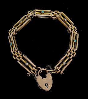 Edwardian gold bar gate link bracelet set with turquoise and seed pearls to a heart clasp, Birmingham 1904