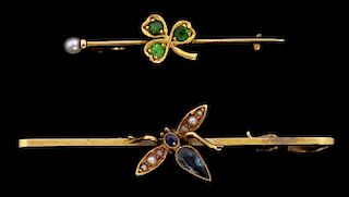 Two Victorian bar brooches, bug with  pearls and sapphire to the body on an 18 ct yellow gold bar brooch and the other a dema