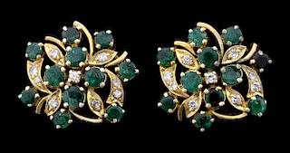 Emerald and diamond cluster earrings, peg and butterfly fittings mounted in yellow metal, tested as 18 ct
