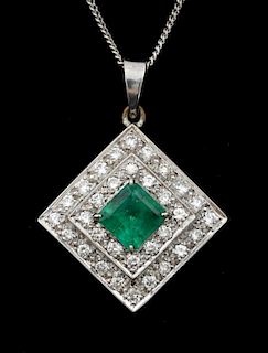 Emerald and diamond cluster pendant, set with a square cut emerald weighing approximately 1.50 carats within a double diamond