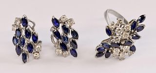 Sapphire and diamond spray dress ring with matching clip-on earrings mounted in 18 ct white gold.