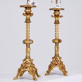 Pair Gothic Revival jeweled bronze lamps