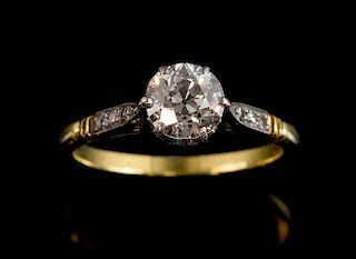 Single stone diamond ring, the old cut stone estimated at  0.96 carats mounted in yellow metal tested as 18 ct gold.