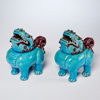 Pair Chinese Fahua style lion censers