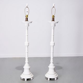 Pair Custom Designer turned wood floor lamps