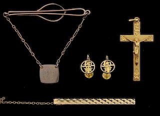 Collection of gold jewellery, including a pair of 14ct gold screw back earrings, gold cross pendant, 18ct gold tie bar and a 