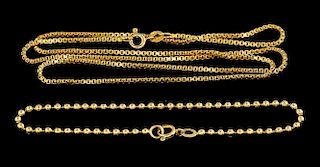 Yellow gold box link chain in 9 ct gold and a 18 ct yellow gold bead bracelet.