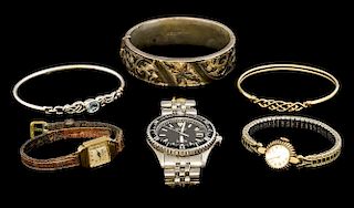Gold bangle with engraved decoration, two ladies gold watches, all  9 ct, Seiko watch, silver and topaz bangle, silver bangle