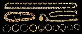 Quantity of gold jewellery, including an 18ct gold wedding ring,  9ct gold rings, 9ct gold bracelet and necklace with other y