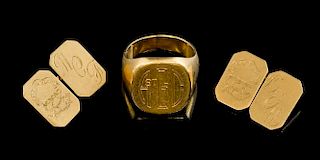 Gold signet ring, monogrammed, stamped marks, 14 ct and a pair of cufflinks with engraving of wild boar and monogram, 9 ct
