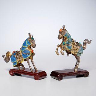 (2) Chinese enameled and jeweled silver horses