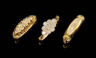 Three 18ct gold and diamond set rings, including two Victorian five stone diamond rings and a diamond cluster ring