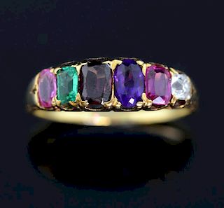Victorian Regard ring with ruby, emerald, garnet, amethyst, ruby and diamond, set in unmarked gold