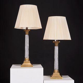 Pair Neo-Classical style brass & glass table lamps