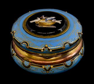 French enamel circular box inset with onyx and micro mosaic depicting  Pliny's  doves, and ' jewelled' decoration,  19th C, 5