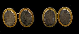 Pair of Victorian memorial gold cuflinks inset with woven locks of hair back engraved ' In Memory of S W P D, Died 29th Nov 1