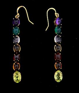 Multi gem set earrings, with amethyst, peridot, garnet, chalcedony, moonstone, citrine and peridot, set in 14 ct gold, 4.9 cm
