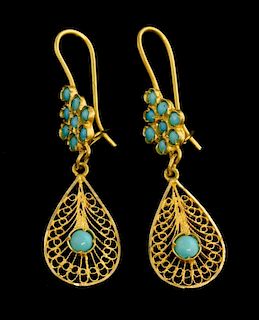 A pair of filigree gold and turquoise set drop earrings, 18 ct gold