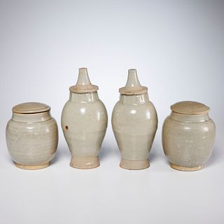(4) Chinese celadon glazed funerary urns & covers