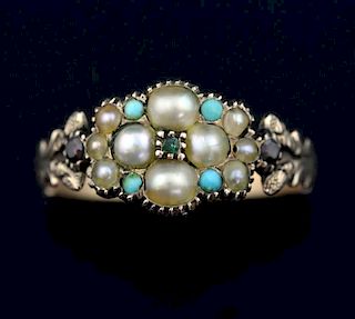 Georgian seed pearl, turquoise and garnet cluster ring, mounted in gold. Ring size 0