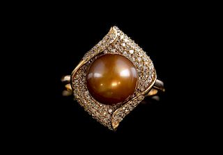 Chocolate brown pearl and diamond dress ring in 18 ct rose gold.