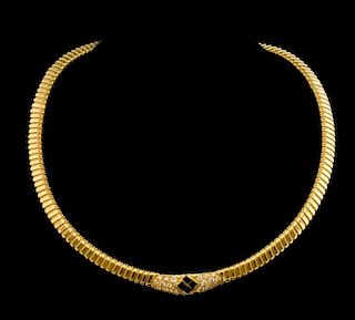 Gold chocker necklace with sapphire and diamond detail to the centre, mounted in 18 ct yellow gold.