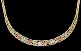 Three colour gold flat link necklace, 9 ct gold.