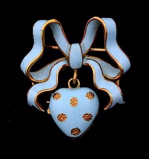 Victorian blue enamel heart locket and bow brooch in yellow metal, tested as 18ct.