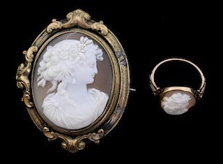 Victorian cameo ring in gold mount and a cameo brooch, well carved portrait of a lady with flowers in her hair