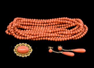 Victorian coral necklace, a gold coral and pearl brooch and drop earrings