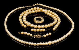 Edwardian seed pearl set choker buckle and two  cultured pearl necklaces one with pearl and garnet set gold clasp, marked 9 c