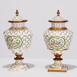 Pair Sevres style bronze mounted urns & covers