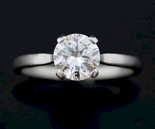 Diamond solitaire ring with a round brilliant cut diamond of approximately 1.15 carat, mounted in white metal. Tested as Plat