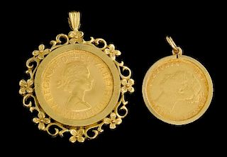 Pendant in floral setting, inset with 1968 sovereign, and a Victoria half sovereign 1884  in pendant mount