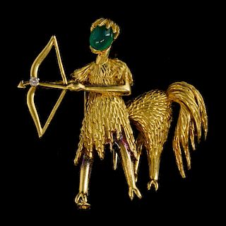Gold centaur brooch, set with a single diamond and the head set with a cabochon cut Chalcedony, mid 20th C, tested as 18 ct g