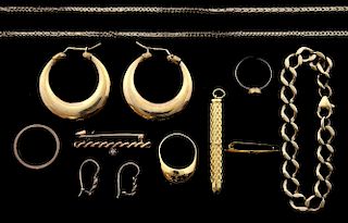 Group of gold jewellery and an 18 ct gold toothpick ,a pair of  gold hoop earrings, gold chain, gold bracelet, two bar brooch