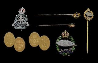 Collection of Royal Tank Regiment jewellery including a enamel and gold brooch, 9ct gold stick pin and a pair of  gold oval c