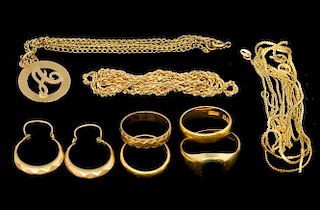 Collection of gold jewellery, including 22 ct gold wedding ring,  bloodstone set gold signet and wedding ring, earrings and c