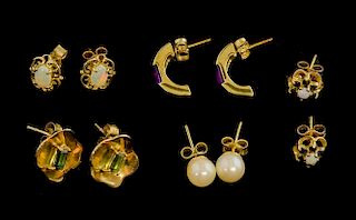 Opal set gold ear studs, another pair set with green tourmaline, amethyst set half hoops and two further pairs (5)