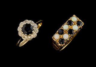 Sapphire and diamond cluster ring and another set with opal and sapphire, both 9 ct gold