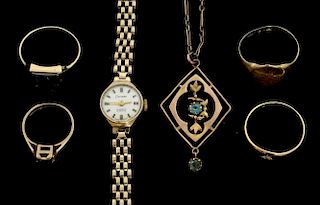 Quantity of gold jewellery, including a ladies 9 ct gold bracelet watch one 18ct gold and diamond band ring ,An Edwardian pen