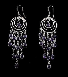 Silver chandelier style earrings set with amethyst