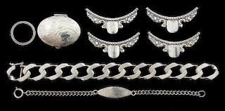 Silver curb bracelet, pill box, silver Identity bracelet, Edwardian blue paste set eternity ring and other items.