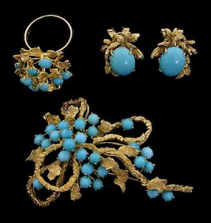 1960's  Turquoise and gold spray brooch mounted in 14 ct gold with a matching ring and earrings.