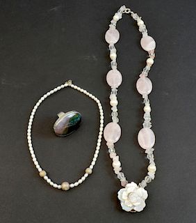 Rose quartz necklace of freshwater pearl necklace and a agate ring