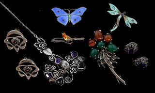 Early 20th C  silver and enamel Jewellery, set with amethyst, chalcedony and garnet